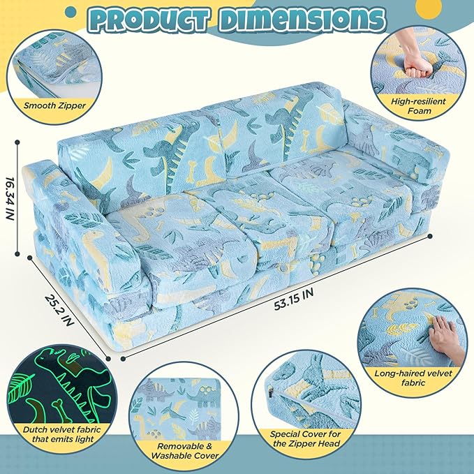 13 PCS Kids Play Couch, Modular Kids Play Couch,Glowing Toddler Couch, Kid Play Couch Sofa for Playroom and Bedroom (Blue)