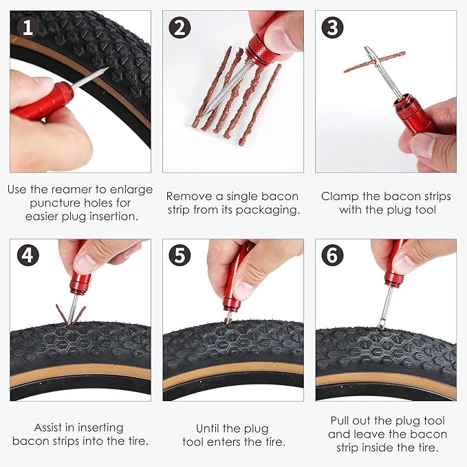 BWSHLF Tubeless Bike Tire Repair Kit for MTB and Road Bicycle Tires, Puncture Kit Include Bacon Strips Embedding Tool Red