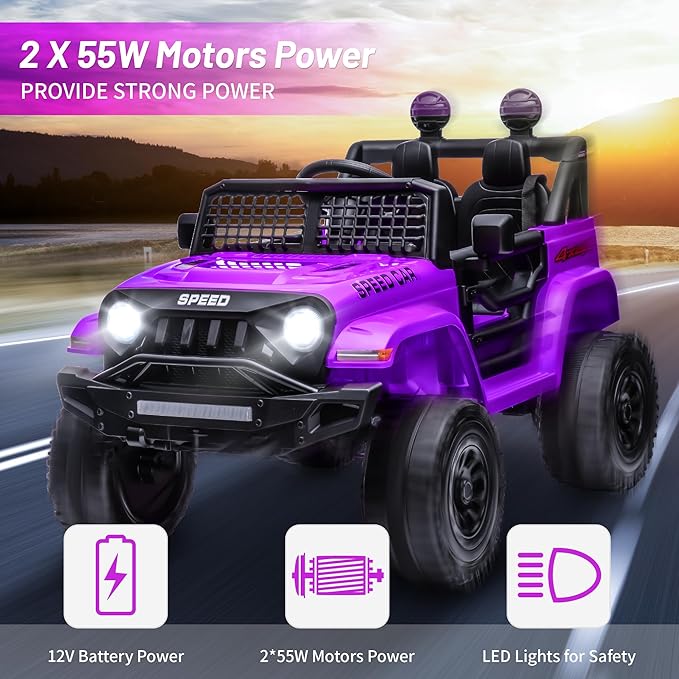 12V Ride On Car, Electric Car for Kids, Ride on Toys, Kids Cars with 3 Speeds Adjustable, Bluetooth, Parent Remote Control, Spring Suspension, AUX Port-Black (Purple, 12V-1Seater)