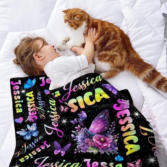 Custom Girl Blanket with Name Personalized Butterfly Blanket Customized Soft Throw Blanket for Newborn Toddler Teens Baby Shower Birthday