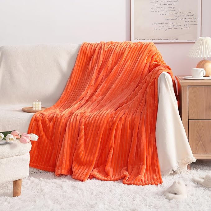 NTBAY Plush Flannel Twin Bed Blanket, 60x80 Inches Soft and Warm Lightweight Bed Blanket with Striped Texture for Couch, Sofa, All Seasons, Orange