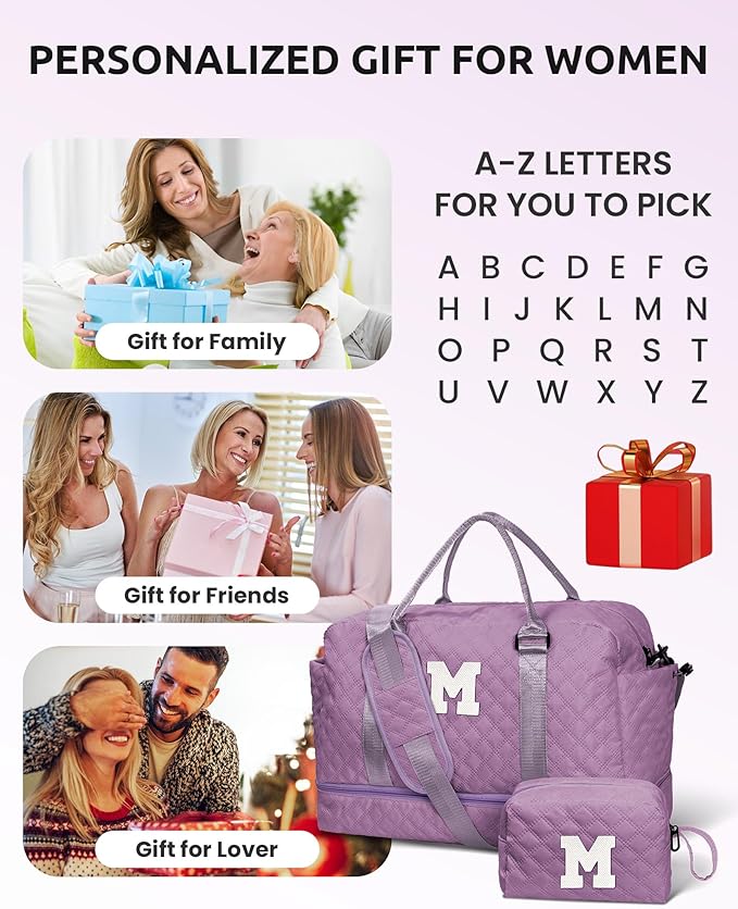Birthday Gifts for Women - Duffle With Shoe Compartment, Personalized Weekender, Monogram Overnight Bag, Letter Travel With Makeup Bag, Preppy Gifts for Girl (Letter V)
