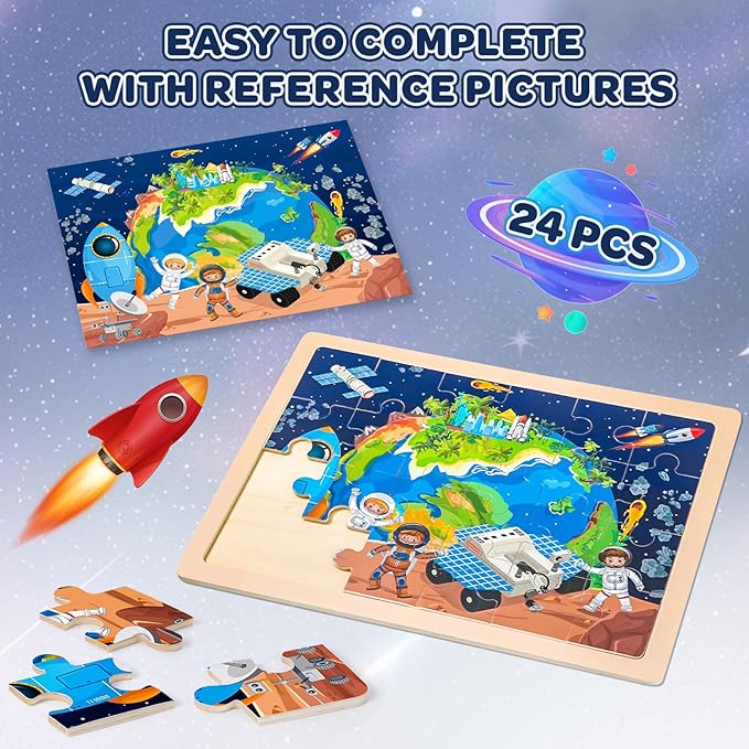 Puzzles for Kids Ages 4-6, 4 Packs 24 Pcs Wooden Jigsaw Puzzles for Toddlers Ages 2-4, Preschool Educational Map Puzzle Toys Gifts for 3 4 5 6 Boys Girls