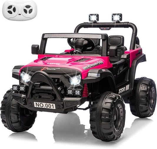 Kids Ride On Truck Car, 12V Ride On Toy Battery Powered Vehicles w/Parent Remote, Spring Suspension, Electric Car for Kids with Bluetooth Music, LED Light, Ideal Car Gift for Boys Girls, Rosy