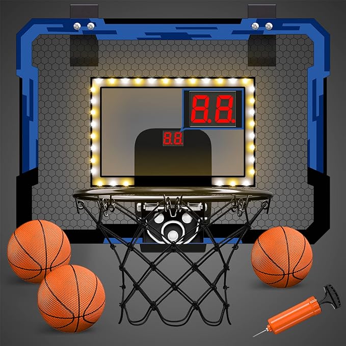 QDRAGON Mini Basketball Hoop with Scoreboard/LED Light, Glow in The Dark Over The Door Basketball Hoop Indoor, Toy Gifts for Kids/Adults/Boys/Girls