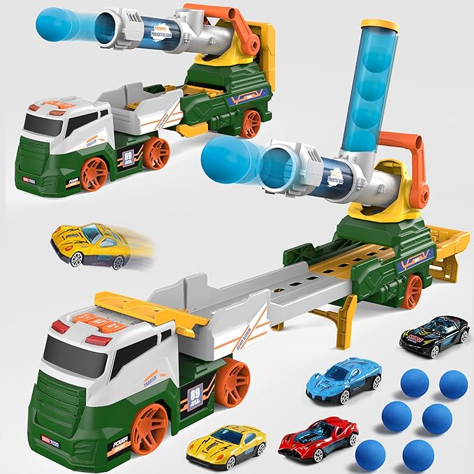 Dwi Dowellin Truck Toys for Kids, 28" Large Car Toys Include 4 Racing Cars+6 Ball, with Light & Sounds, Eejection&Shooting Transport Cars Toy, Gifts for Boys Girls-Green