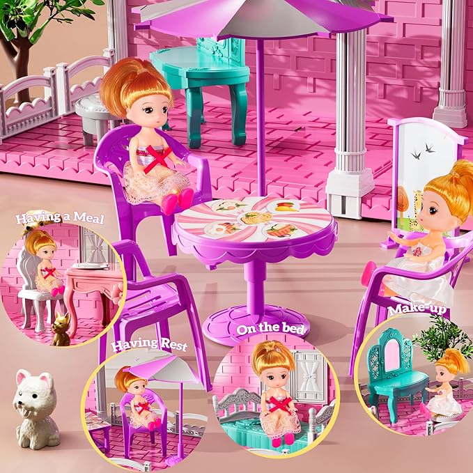 Villa Playset for Girls Ages 3-7, Indoor Playset Girls Toys with 2 Storeys 3 Rooms 2 Dolls for Ages 6-8, Furniture and Accessories, Pretend Toddler Toy, Birthday Gifts for Kids 3 4 5 6 7 8