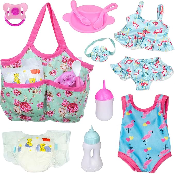 UNICORN ELEMENT 8 Pcs Baby Doll Clothes and Accessories, Baby Feeding and Caring Set with Doll Diaper Bag, Clothes, Diapers, Bottles, Pacifier, Swimsuits,Best Gift for Kids