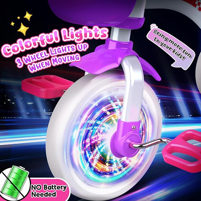 Toddler Tricycle for 1-3 3-4 Year Olds, Toddler Toys Baby Bike, Toys for Ages 2-4, 3-Level Adjustable Seat, 3 Colorful Lighting Wheels, 2 3 4 Year Old Girl Birthday Gifts