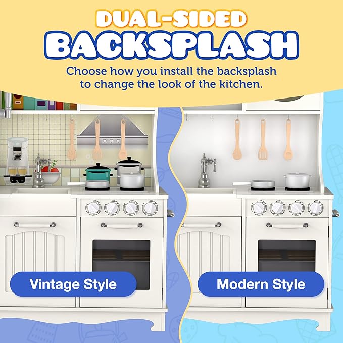 Wooden Play Kitchen for Toddlers & Kids – Pretend Kitchen Set with Sink, Oven, Stove, Microwave, Lights & 9 Accessories – Durable Wooden Kitchen Toy for Ages 3–8 – by Kiddery Toys