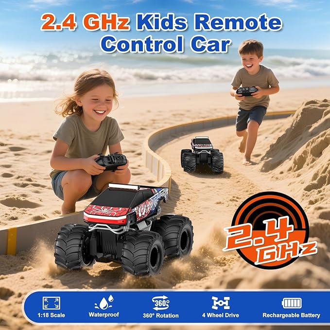 Remote Control Car, Amphibious Monster Truck Toys for Boys RC Cars, 2.4 GHz Waterproof RC Trucks, 1:18 4WD All Terrain Off-Road Pickup, Cool Christmas Birthday Ideas Gifts for Kids 6+ Year Old