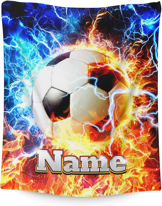 Soccer Blanket for Kids Boys, Personalized Name 40x30 Inches Small Soft Warm Cozy Custom Sports Stuff Accessories Blankets Gifts for Sofa Chairs