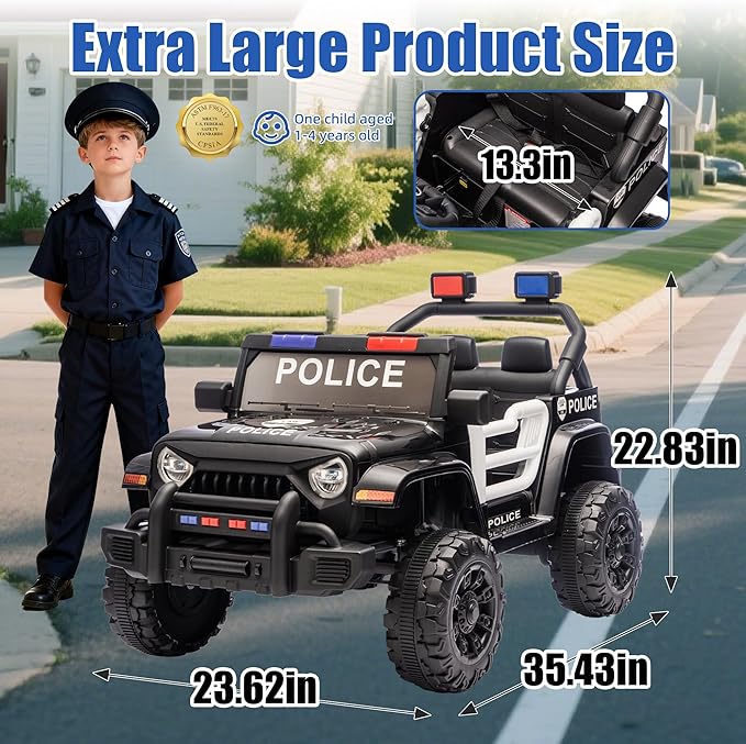 Ride on Police Car, 12V Kids' Electric Vehicles W/Parents Control, Ride on Toys for Toddlers with Music, Bluetooth, Four-Wheels Suspension, USB, Headlights, Police