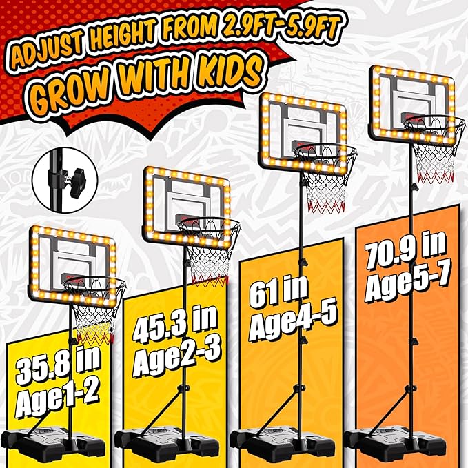 Kids Basketball Hoop Indoor Outdoor,Adjustable Height 2.9ft-5.9ft Toddler Basketball Hoop with LED Light & Scoreboard,Goal Toy for Boys Girls Age 3 4 5 6 7 8 Backyard Sports Game Gifts (Black)
