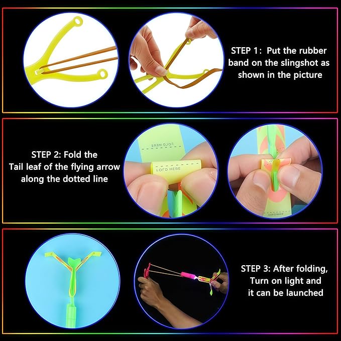 25 Packs LED Flying Toys Set with Whistle,25 Rocket Slingshot+25 Glow Arrow Helicopter for Summer Outdoor Camping Toys Game LED Slingshot Toy for Kids Glow in The Dark Party Supplies 8-12,4-8