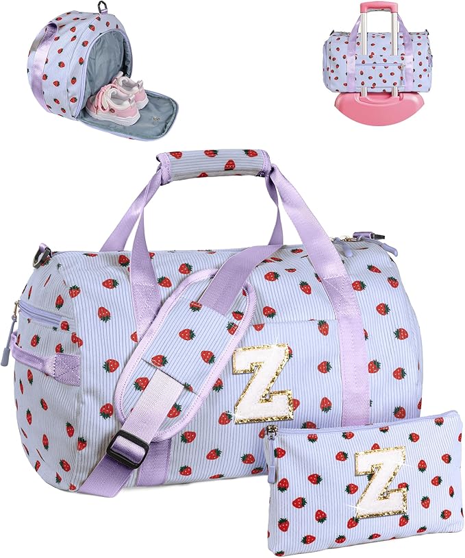 Tween Girl Trendy Stuff, Girls Gym Bag, Kids Personalized Overnight Duffle Bags with Shoe Compartment, Monogram Travel Tote with Makeup Bag, Preppy Things for Daughter (Letter Z)