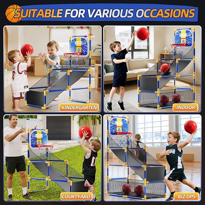 Arcade Basketball Game Indoor, Kids Ajustable Basketball Hoop, Outdoor Carnival Sports Play Toy with 4 Balls and Air Pump, Educational Birthday Gift for Boys Girls 3 4 5 6 7 8 Year Old (Blue)