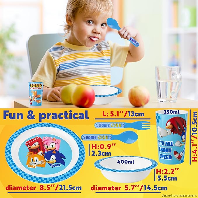 Get Trend Sonic the Hedgehog Dinnerware Sets for Kids, 5 Pc Tableware, Plate, Bowl, Cup, Spoon, Fork, Plates and Bowls Set, Gifts for Kids (Blue Sonic The Hedgehog)