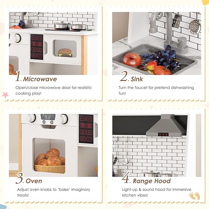 DlandHome Kids Kitchen Playset, Pretend Kitchen Playset with Real Lights & Sounds, Chef Pretend Play Set with Sink Oven Microwave, Ideal Role Play Toy Gift for Toddlers and Kids Ages 3+, White