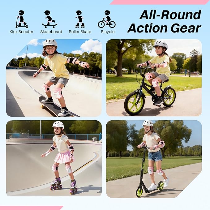 ZIFFY Knee Pads for Kids, Adjustable Knee and Elbow Pads Set with Wrist Guard, Protective Gear for Boys Girls Skateboard Roller Skating Cycling Bike – 2 Sizes, 4 Colors by Jova