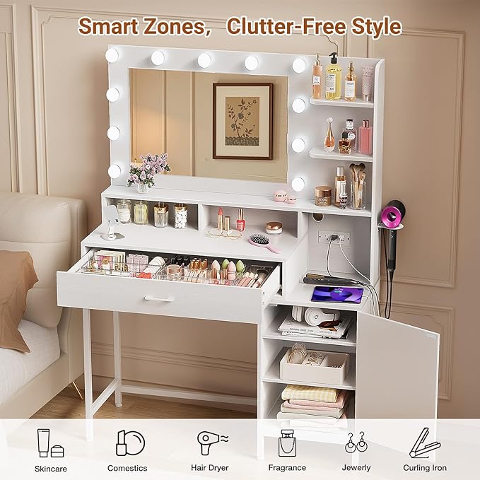 Vanity Desk with Mirror and Lights, Makeup Vanity with Storage Drawer, Power Outlet and Large Cabinet for Bedroom - White