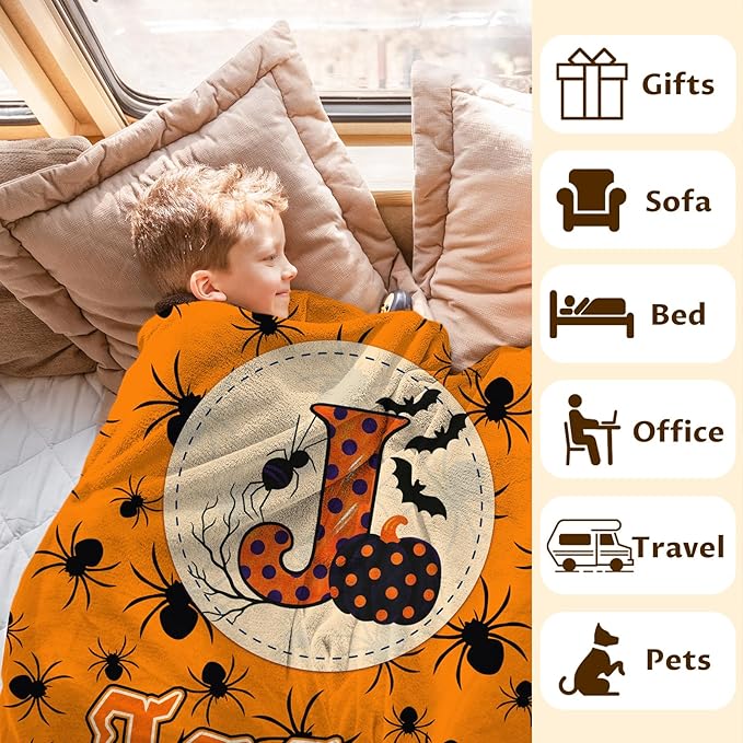 Halloween Blanket Gifts with Name Initial for Kids Boys Girls - Personalized Flannel Throw Blanket Soft Cozy Fuzzy - Halloween Blankets for Couch Sofa Bed Decor