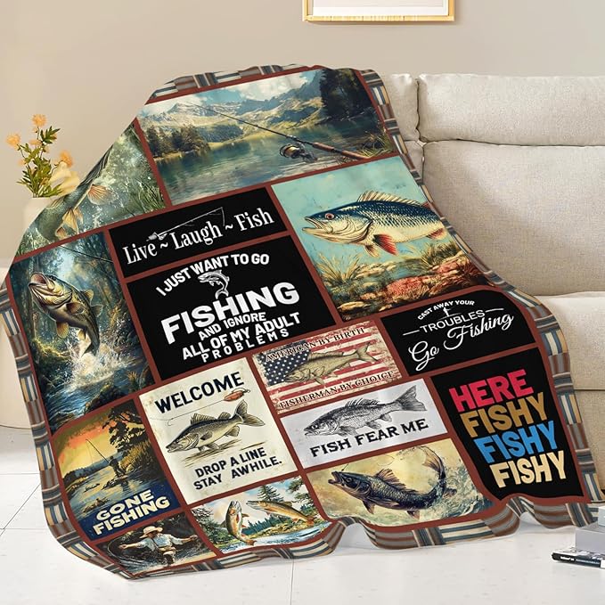 Fishing Gifts for Men, Fishing Fish Flannel Throw Blanket, Cozy Fleece Soft Stuff Blankets Gift for Dad Fisherman Couch Sofa Bed 80" x 60"