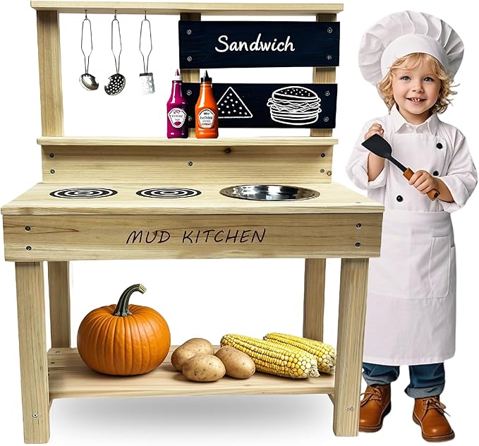 Wooden Mud Kitchen, Outdoor Play Kitchen with Sink, Blackboard, Storage Shelves and Kitchen Accessories, Fir Wood Pretend Kitchen for Boys and Girls