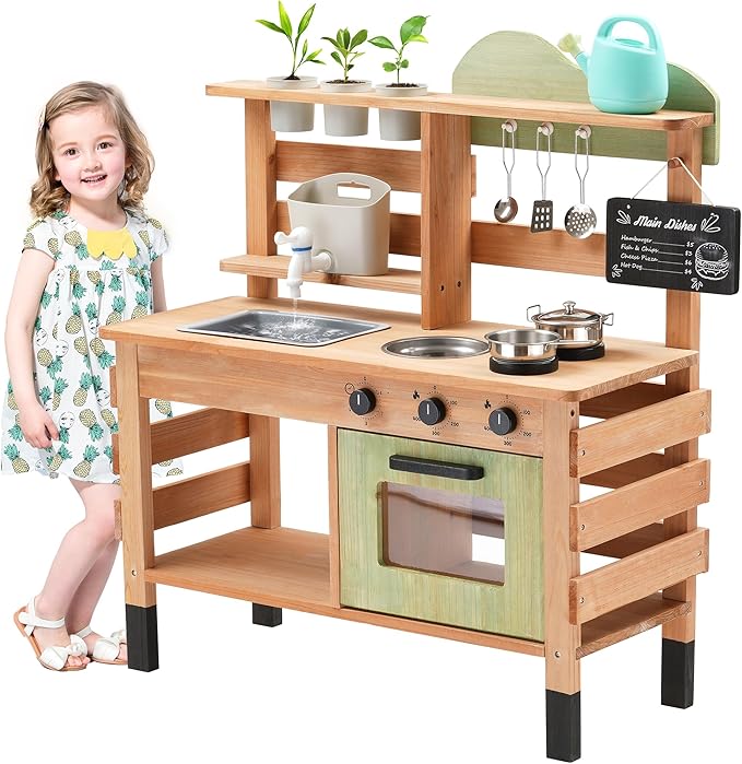 OLLIKIVI Outdoor Play Kitchen for Kids | Wooden Mud Kitchen Set with Removable Sink, Planting Area, Oven, Stove, Dual-Sided Chalkboard & Storage | Backyard Pretend Toy | Ages 3+