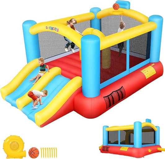 Bounce House, 12.6FTx9FT Inflatable Bounce Castle with Blower for Kids, Blow Up Jumping Bouncer with Double Slide, Obstacles, Trampoline Indoor/Outdoor Bouncy House, Jump House for Family Backyard