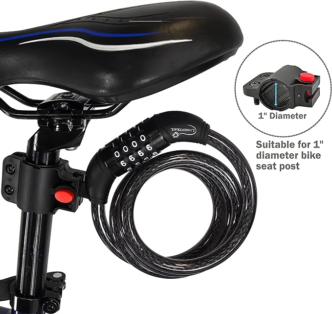 Lumintrail Bike Cable Lock 6 ft Self Coiling 12mm Braided Steel Cable Resettable Combination Cable Lock with Included Mounting Bracket