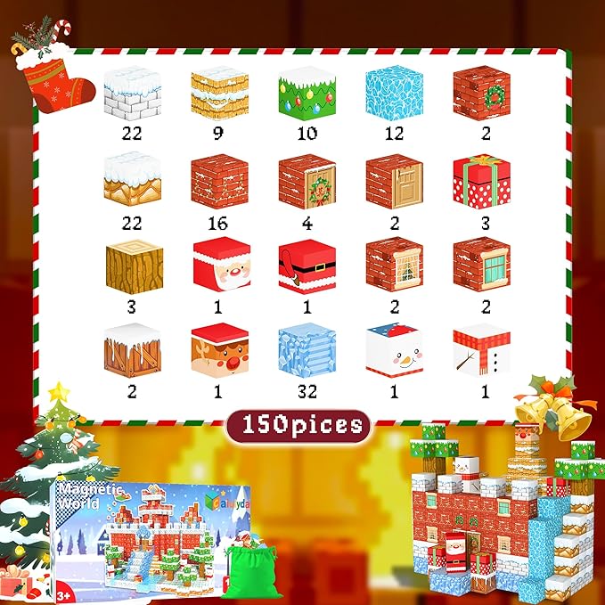 150PCS Magnetic Building Blocks Christmas Set, Advent Calendar 2025, Magnet Toys for Kids, STEM Construction Toy for Kids Ages 3+, Creative Magnetic Cubes Toy with Santa, for Boys & Girls