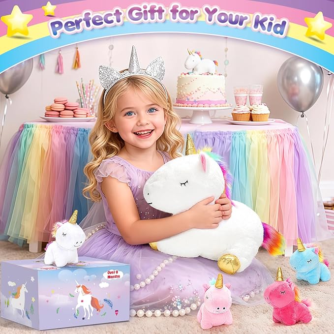 KIZZYEA Toys for Girls Ages 0 1 2 3 4 5 6 7 8+ Years, Unicorn Plush Toys Set, Soft Unicorn Mommy Stuffed Animal with 4 Baby Unicorns in Her Tummy, Birthday for Baby, Toddler, Kids