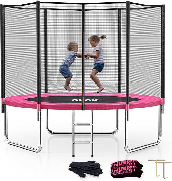 SKOK Trampoline 8FT 10FT 12FT 14FT 15FT Trampolines with Enclosure Net, 400LBS Outdoor Trampolines for Kids with Basketball Hoop-ASTM Approved Trampoline for Children and Adults with Ladder