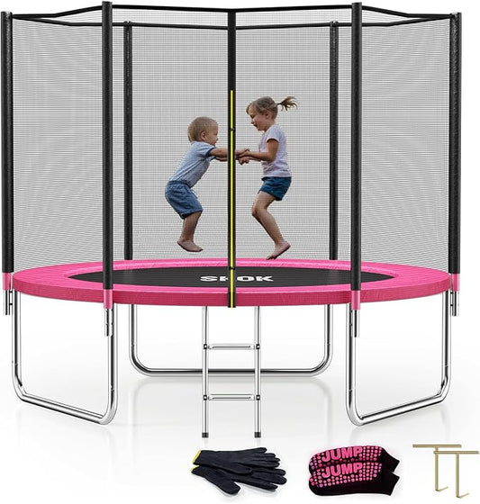 SKOK Trampoline 8FT 10FT 12FT 14FT 15FT Trampolines with Enclosure Net, 400LBS Outdoor Trampolines for Kids with Basketball Hoop-ASTM Approved Trampoline for Children and Adults with Ladder