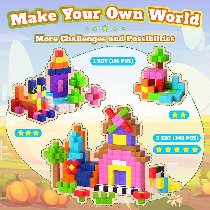 116 PCS Magnetic Blocks Set, 1" Magnet Building Blocks with Toy Eyes and Storage Bag for Kids Gifts, STEM Educational Preschool Sensory Toys for Toddlers Boys Girls Ages 3 4 5 6 7 8 + (Bright Color)