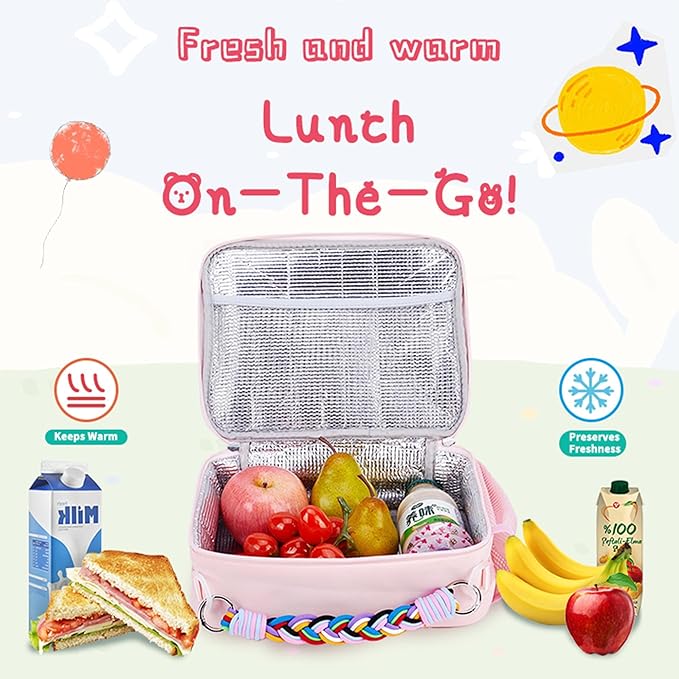 Lunch Bag Kids,Insulated Lunch Bag for Girls with Shoulder Strap,Easy Holds Lunch Box,Snacks and Water Bottle Together,Keep Foods Fresh in School or Picnic (Pink)