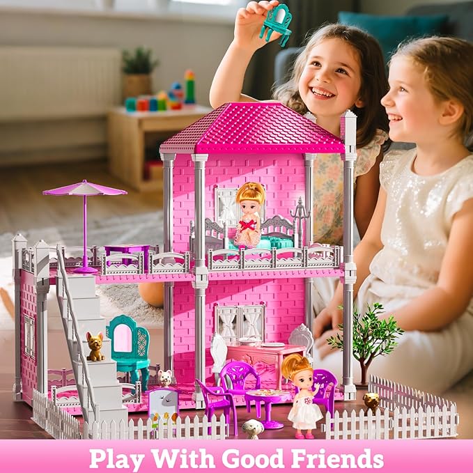 Villa Playset for Girls Ages 3-7, Indoor Playset Girls Toys with 2 Storeys 3 Rooms 2 Dolls for Ages 6-8, Furniture and Accessories, Pretend Toddler Toy, Birthday Gifts for Kids 3 4 5 6 7 8