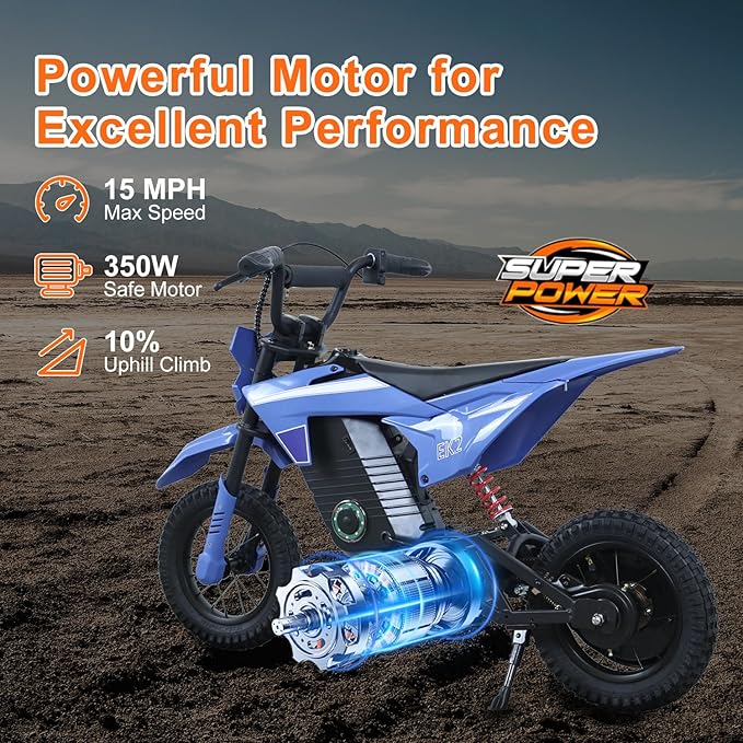 EK2 Kids Electric Dirt Bike, 350W Motor, 15 MPH Max Speed, 36V 5.2Ah Lithium Battery 12 Miles Max Range, Electric Motorcycle for Kids Aged 5-10, Blue