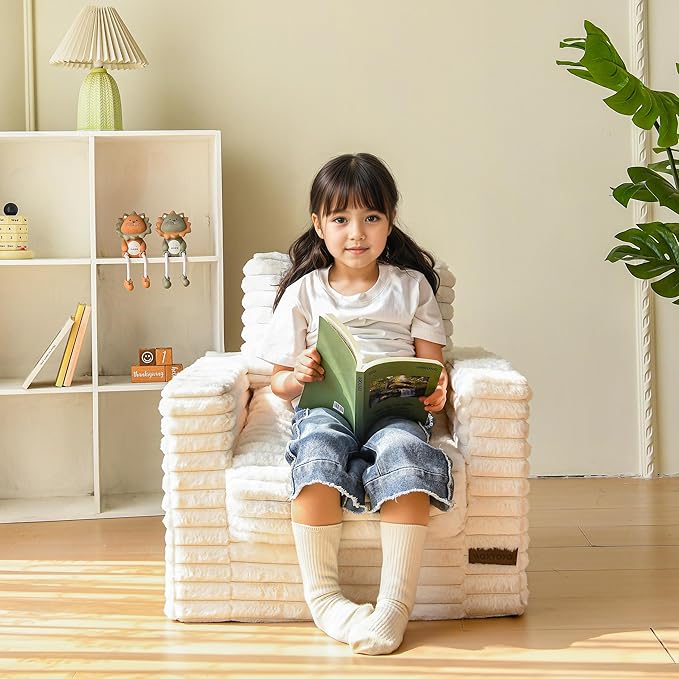 MAXYOYO Kids Bean Bag Chair, Comfy Faux Fur Bean Bag Sofa with Filler, Upholstered Floor Sofa with Pillows and Armrests, Lazy Floor Chair Couch for Boys and Girls, Beige