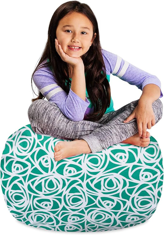 Posh Creations Kids Stuffed Animal Storage Bean Bag Chair Cover - Childrens Toy Organizer, Medium-27in, Canvas Roses Mint