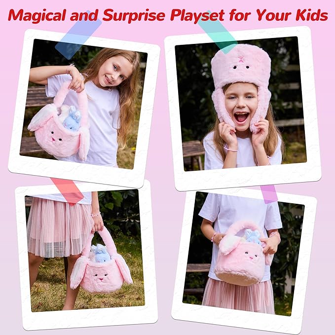 7 Piece Plush Stuffed Animals Playset Toys with Rabbit, Chick, Lamb, Carrot, Egg, Flower, Furry Bag, Soft Basket Set Toys for Girls Kids Ages 3+, Birthday Christmas Valentines Easter Party Favors