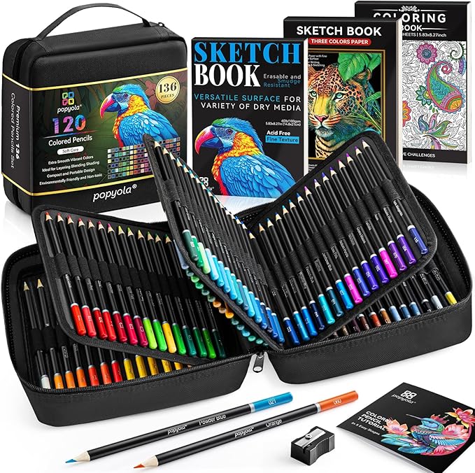 136 PCS Colored Pencils Set for Adult Coloring Books, 120 Colored Pencils with Sketchbook, Coloring Book, Sharpener, Soft Core Oil-Based Coloring Pencils for Artists Drawing Sketching Blending Shading