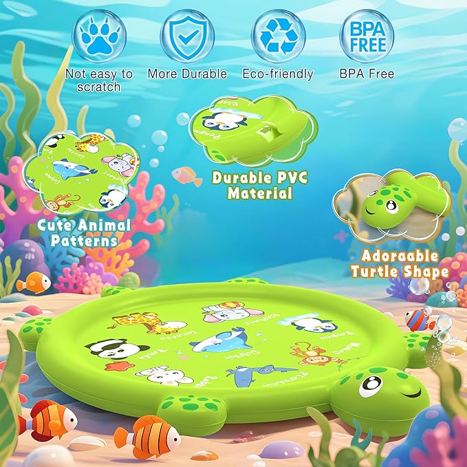Splash Pad for Toddlers 1-3, 67" Turtle Sprinkler & Splash Play Mat, Inflatable Baby Kid Pool, Summer Outdoor Water Toys for Toddlers, Boys, Girls Backyard Garden Lawn Games