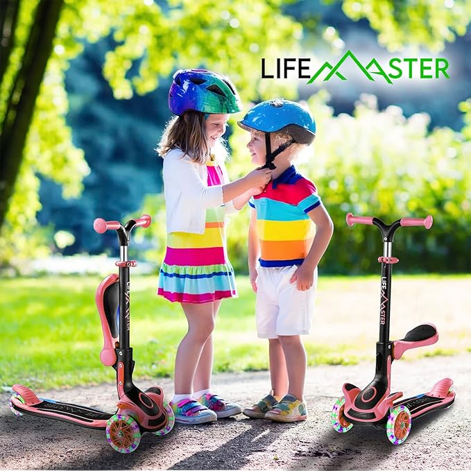 Kids Scooter – Foldable Seat – LED Wheel Lights Illuminate When Rolling – Children and Toddler 3 Wheel Kick Scooter – Adjustable Handlebar – Indoor and Outdoor- by Lifemaster