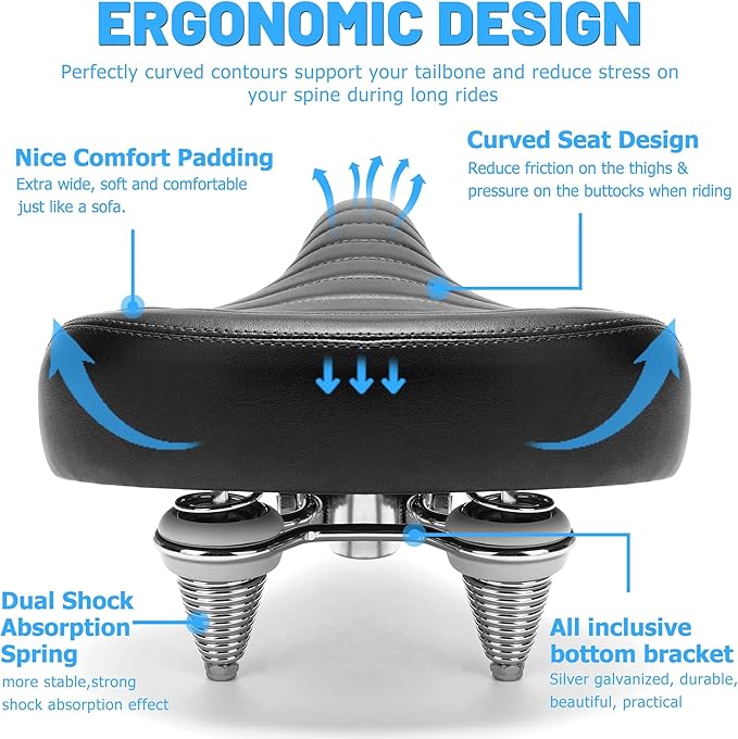 Wide Bike Seat for Men Women Comfort, Large Soft Padded Bicycle Seat Cushion, Oversized Comfortable Replacement Saddle for City & Mountain Bicycle, Beach Cruiser, Ebike, Scooter, Stationary Bike