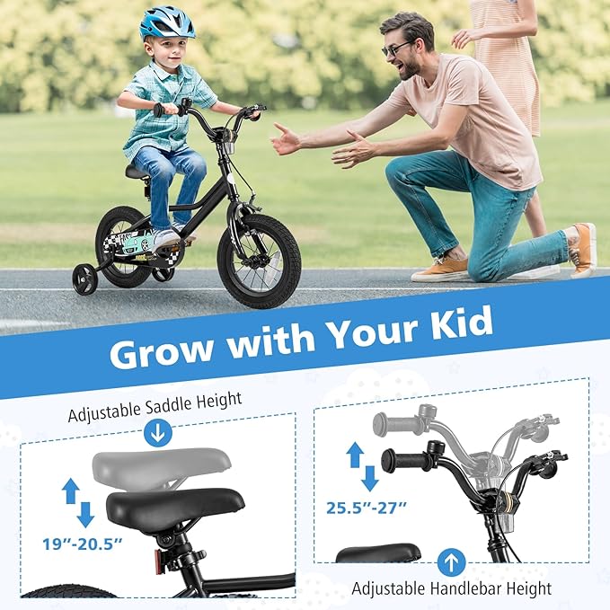 BABY JOY Kids Bike, 12 14 16 18 Inches Car Pattern Sporty Bicycle w/Removable Training Wheels, Hand & Coaster Brakes, Adjustable Seat & Handlebar, Girls Boys Bike