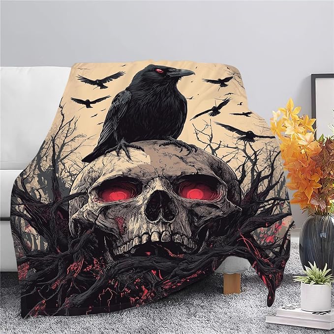 Skull Blanket Skeleton Throw Blanket Crow Gifts for Men Women Boys Girls Kids Adults Super Soft Cozy Plush Fluffy Fuzzy Fleece Blanket Decor 50''X60''