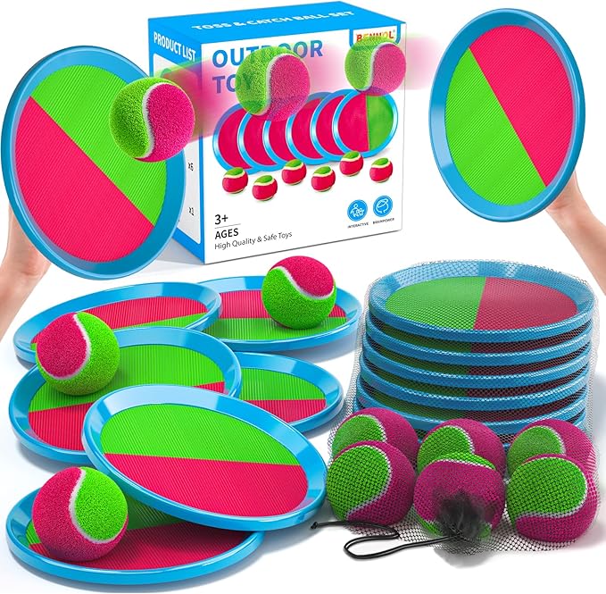 Bennol Toss and Catch Ball Game Outdoor Toys for Kids, Outdoor Outside Games Toys for Kids Ages 3 4 5 6 7 8 9 10, Yard Backyard Games Beach Outside (6 Paddle 6 Balls)