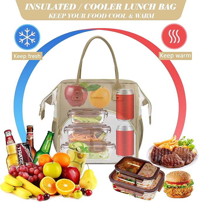 Personalized Lunch Box for Women, Initial Reusable Insulated Lunch Bag, Wide-Open Adult Lunchbox Cooler Lunchbag, Leakproof Lunch Tote for Picnic Work Outdoors, Christmas Gift for Women, Brown - S